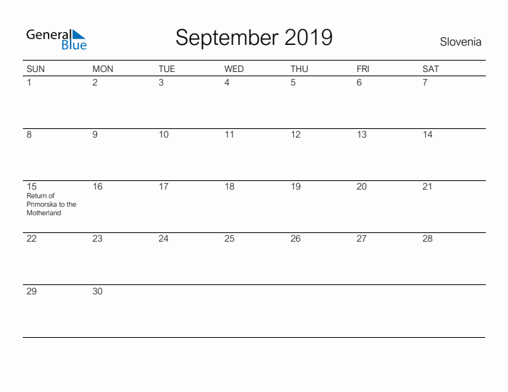 Printable September 2019 Calendar for Slovenia