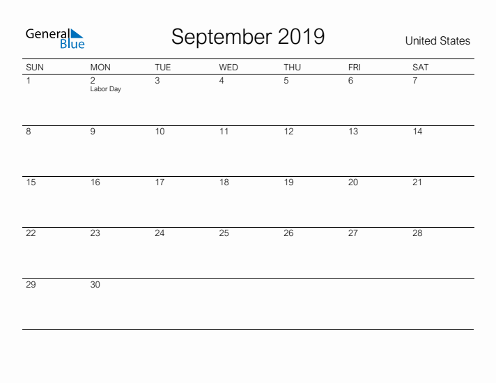 Printable September 2019 Calendar for United States