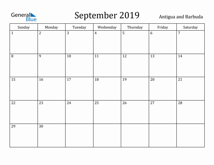 September 2019 Calendar Antigua and Barbuda