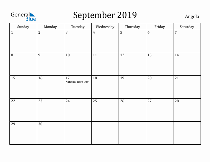 September 2019 Calendar Angola