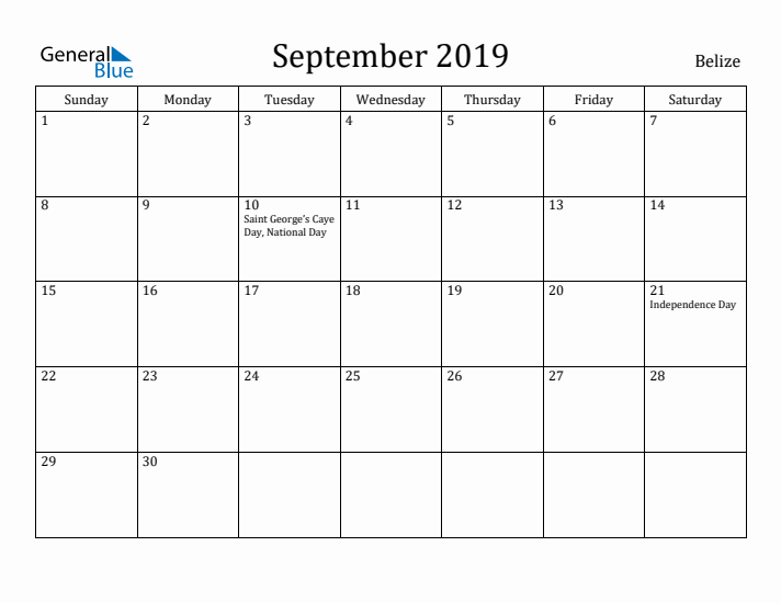 September 2019 Calendar Belize