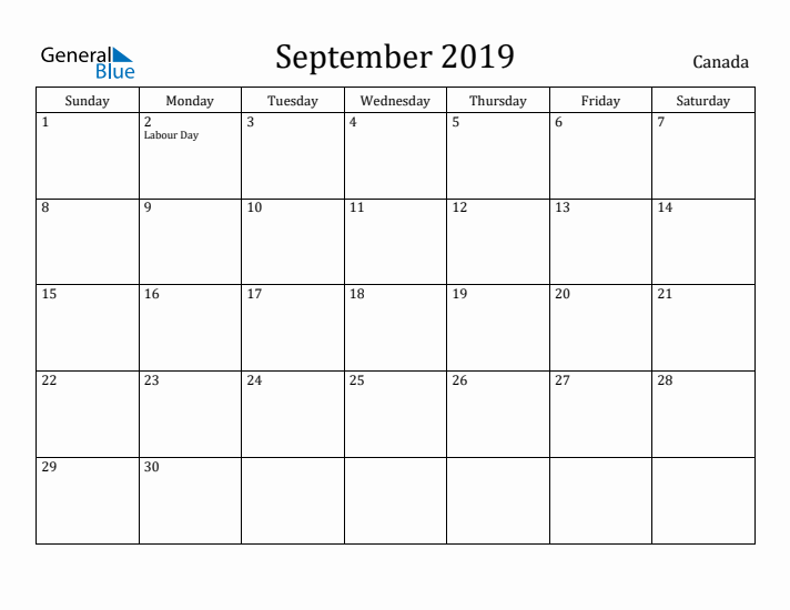 September 2019 Calendar Canada