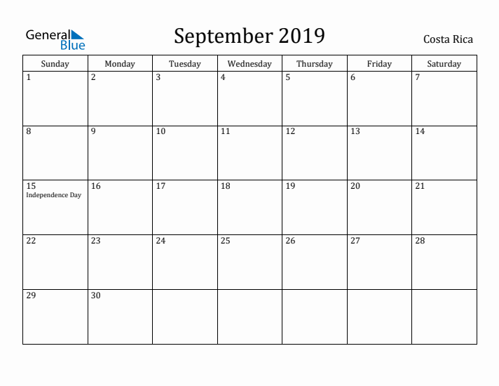 September 2019 Calendar Costa Rica