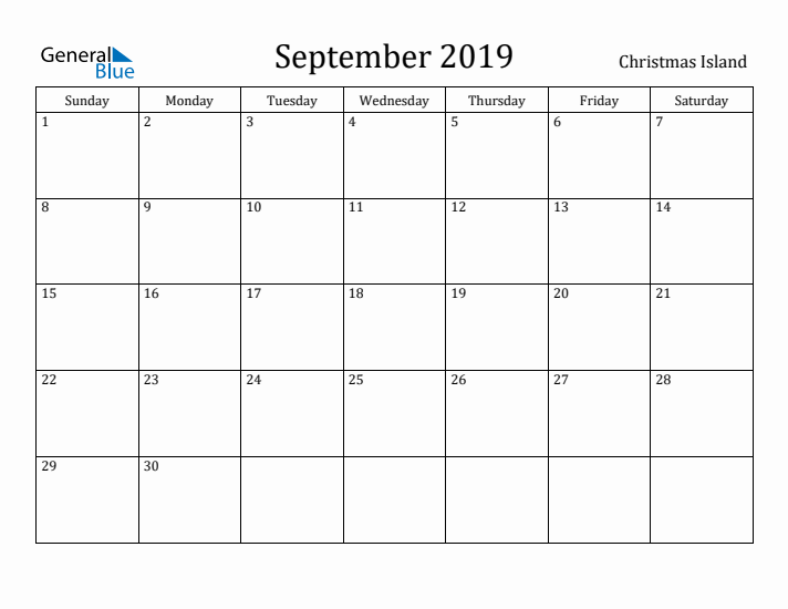 September 2019 Calendar Christmas Island