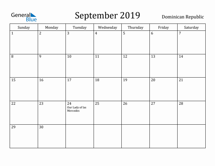 September 2019 Calendar Dominican Republic