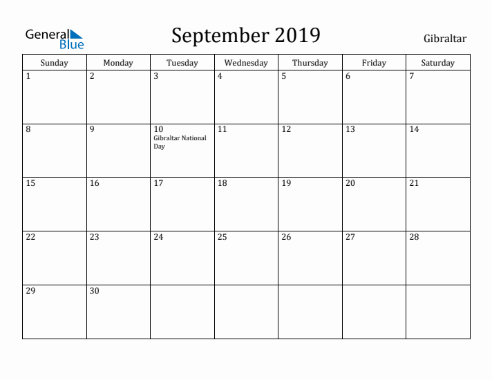 September 2019 Calendar Gibraltar