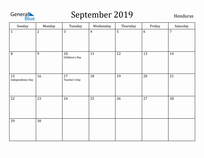 September 2019 Calendar Honduras