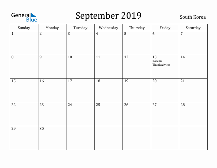 September 2019 Calendar South Korea