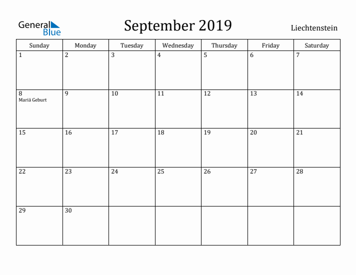 September 2019 Calendar Liechtenstein