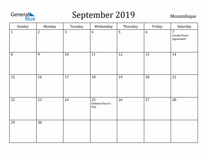 September 2019 Calendar Mozambique