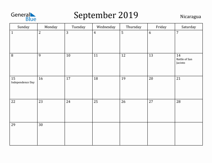 September 2019 Calendar Nicaragua