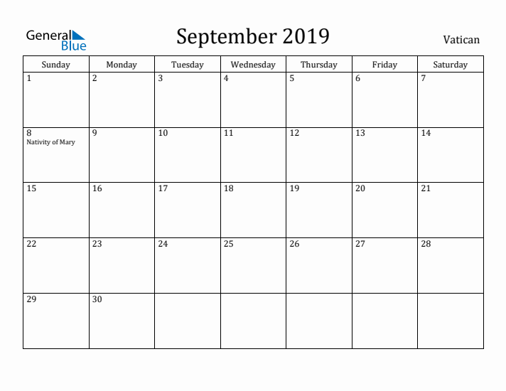 September 2019 Calendar Vatican