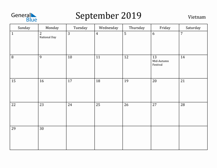 September 2019 Calendar Vietnam