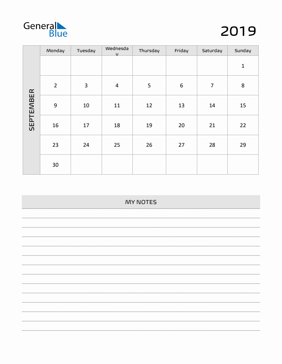 September 2019 Printable Monthly Calendar with Notes