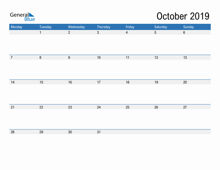 Fillable Calendar for October 2019