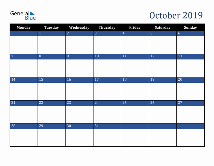 Monday Start Calendar for October 2019