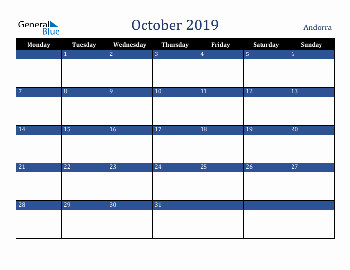 October 2019 Andorra Calendar (Monday Start)