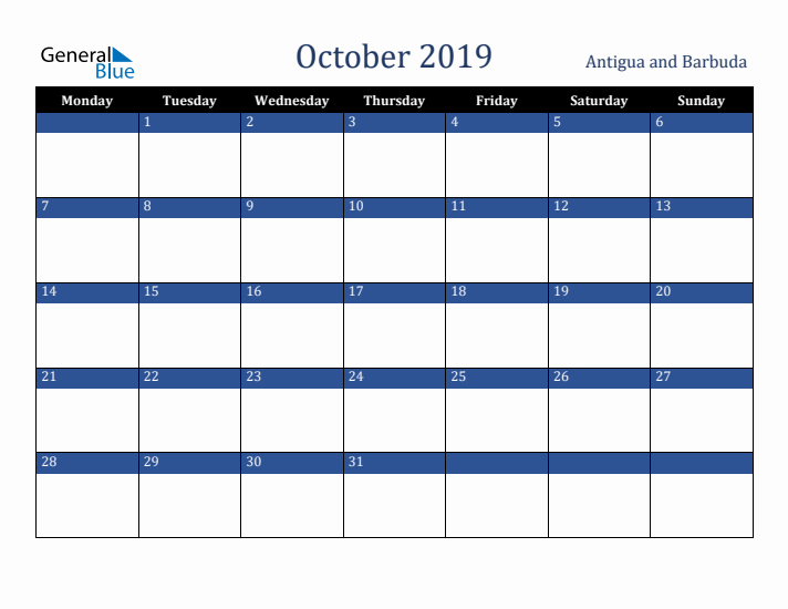 October 2019 Antigua and Barbuda Calendar (Monday Start)