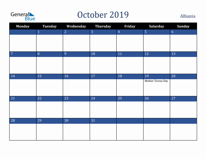 October 2019 Albania Calendar (Monday Start)