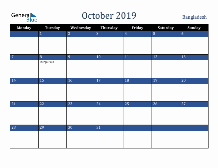 October 2019 Bangladesh Calendar (Monday Start)