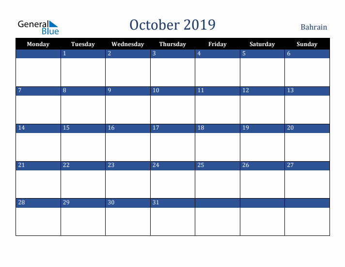 October 2019 Bahrain Calendar (Monday Start)