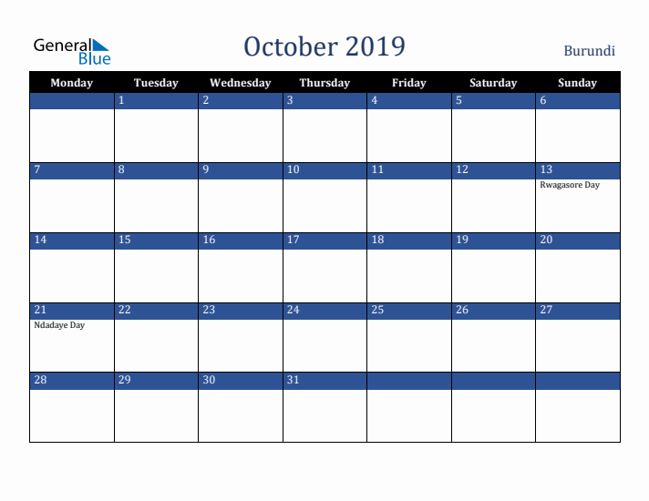 October 2019 Burundi Calendar (Monday Start)