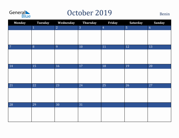 October 2019 Benin Calendar (Monday Start)