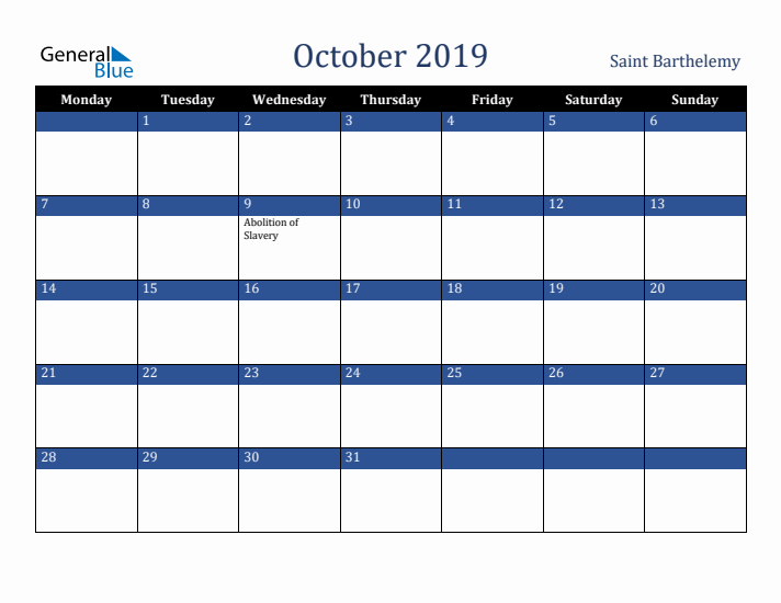 October 2019 Saint Barthelemy Calendar (Monday Start)