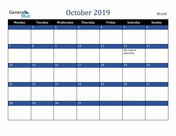 October 2019 Brazil Calendar (Monday Start)