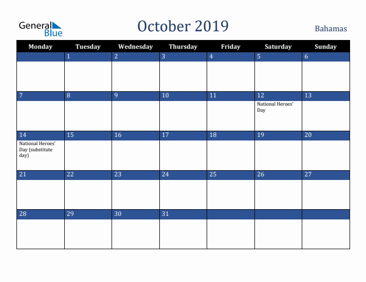 October 2019 Bahamas Calendar (Monday Start)