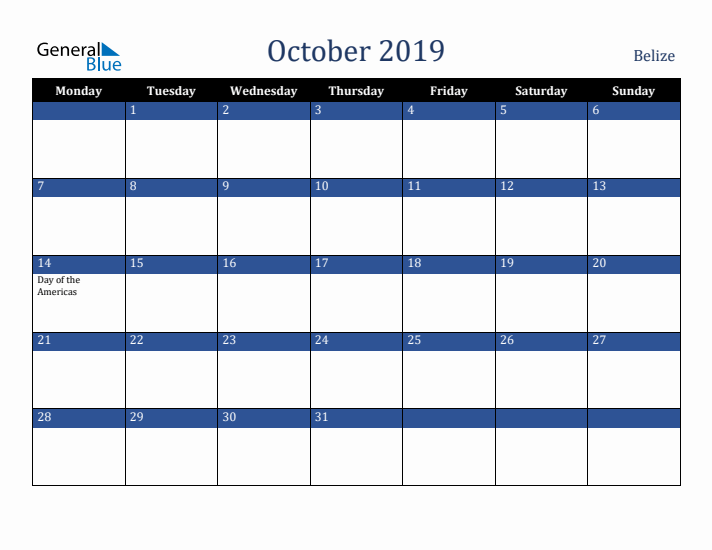 October 2019 Belize Calendar (Monday Start)