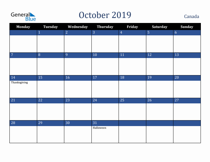 October 2019 Canada Calendar (Monday Start)
