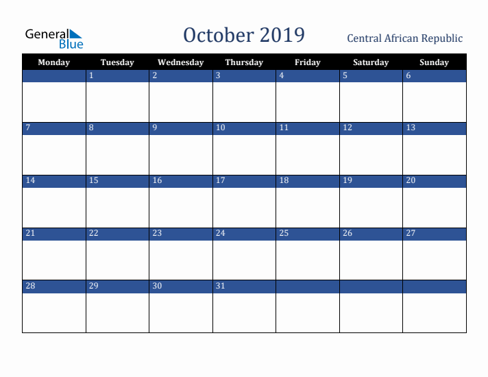 October 2019 Central African Republic Calendar (Monday Start)