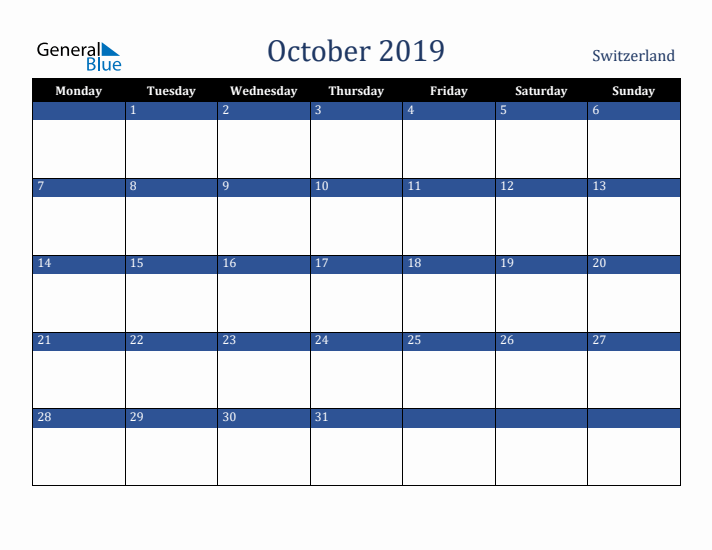 October 2019 Switzerland Calendar (Monday Start)