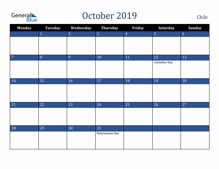 October 2019 Chile Calendar (Monday Start)
