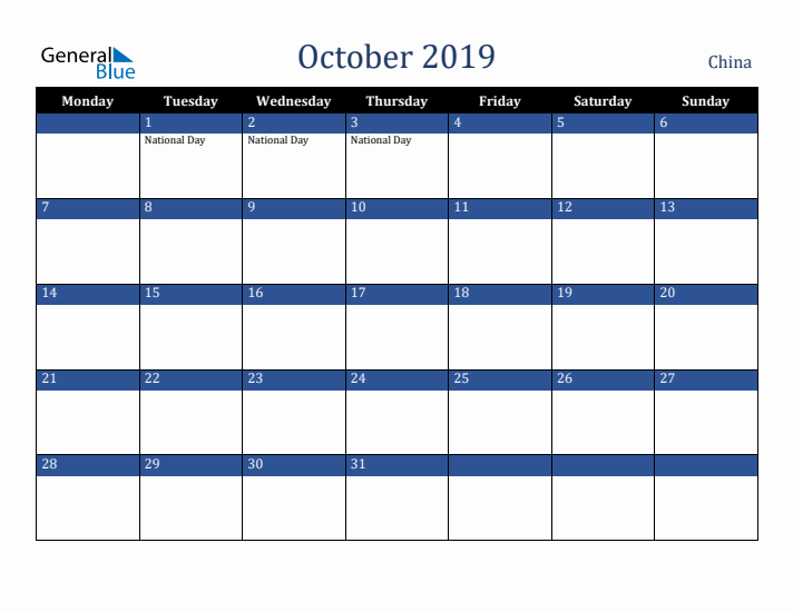 October 2019 China Calendar (Monday Start)