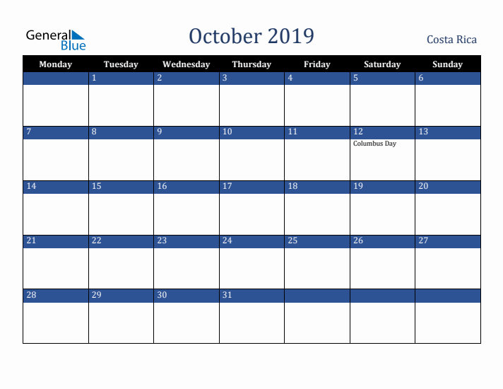 October 2019 Costa Rica Calendar (Monday Start)