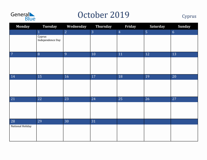 October 2019 Cyprus Calendar (Monday Start)