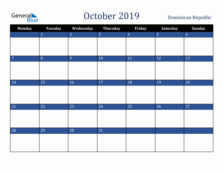 October 2019 Dominican Republic Calendar (Monday Start)