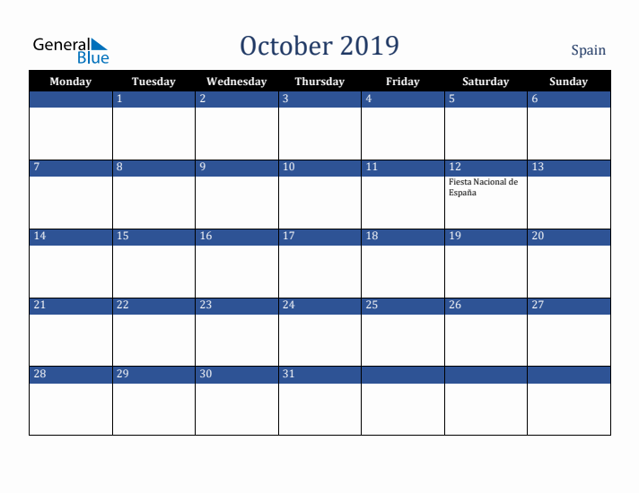October 2019 Spain Calendar (Monday Start)