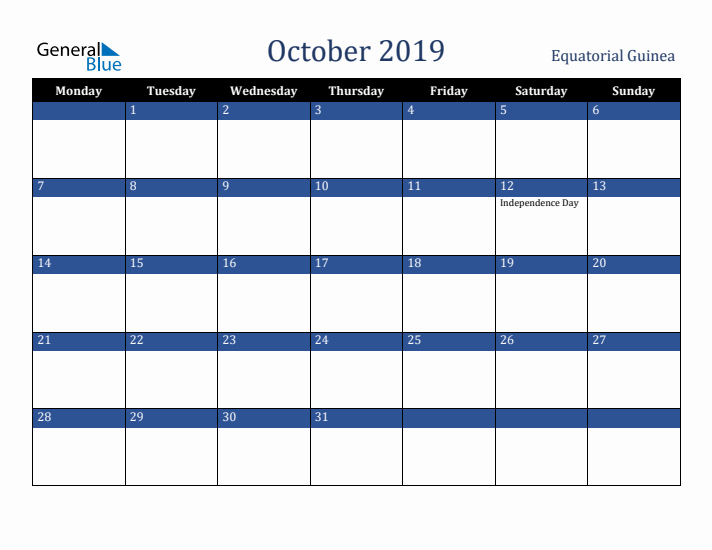 October 2019 Equatorial Guinea Calendar (Monday Start)