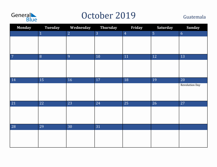 October 2019 Guatemala Calendar (Monday Start)