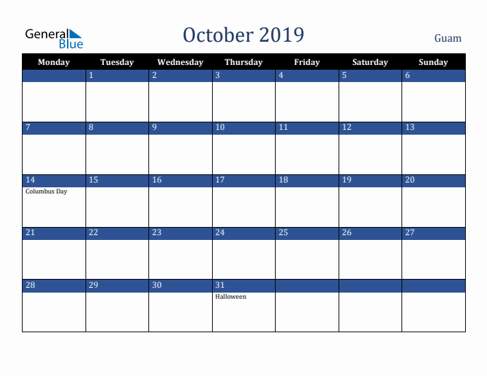 October 2019 Guam Calendar (Monday Start)