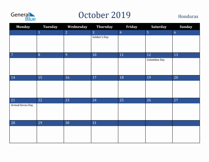 October 2019 Honduras Calendar (Monday Start)