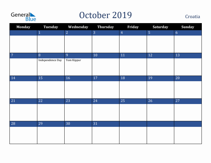 October 2019 Croatia Calendar (Monday Start)