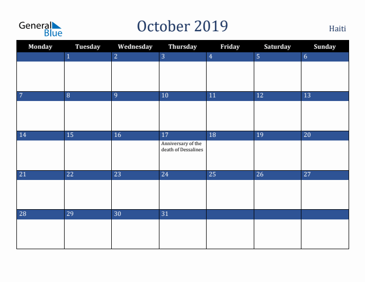 October 2019 Haiti Calendar (Monday Start)