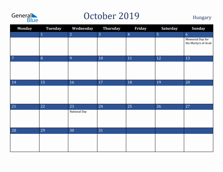 October 2019 Hungary Calendar (Monday Start)