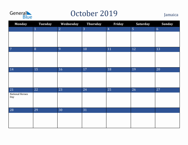October 2019 Jamaica Calendar (Monday Start)