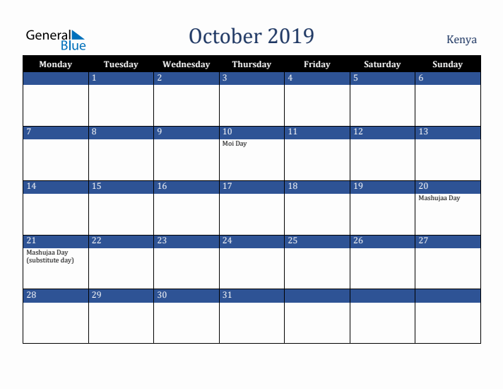 October 2019 Kenya Calendar (Monday Start)