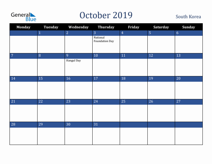October 2019 South Korea Calendar (Monday Start)